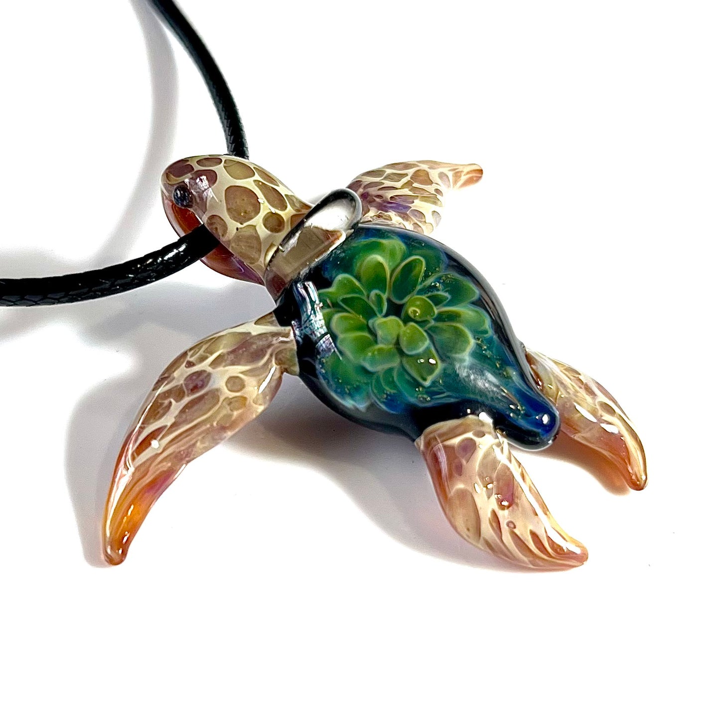 Exquisite Hawaiian Honu Sea Turtle: Handcrafted Glass Pendant with Coral Reef Inside the Shell - GLASSnFIRE