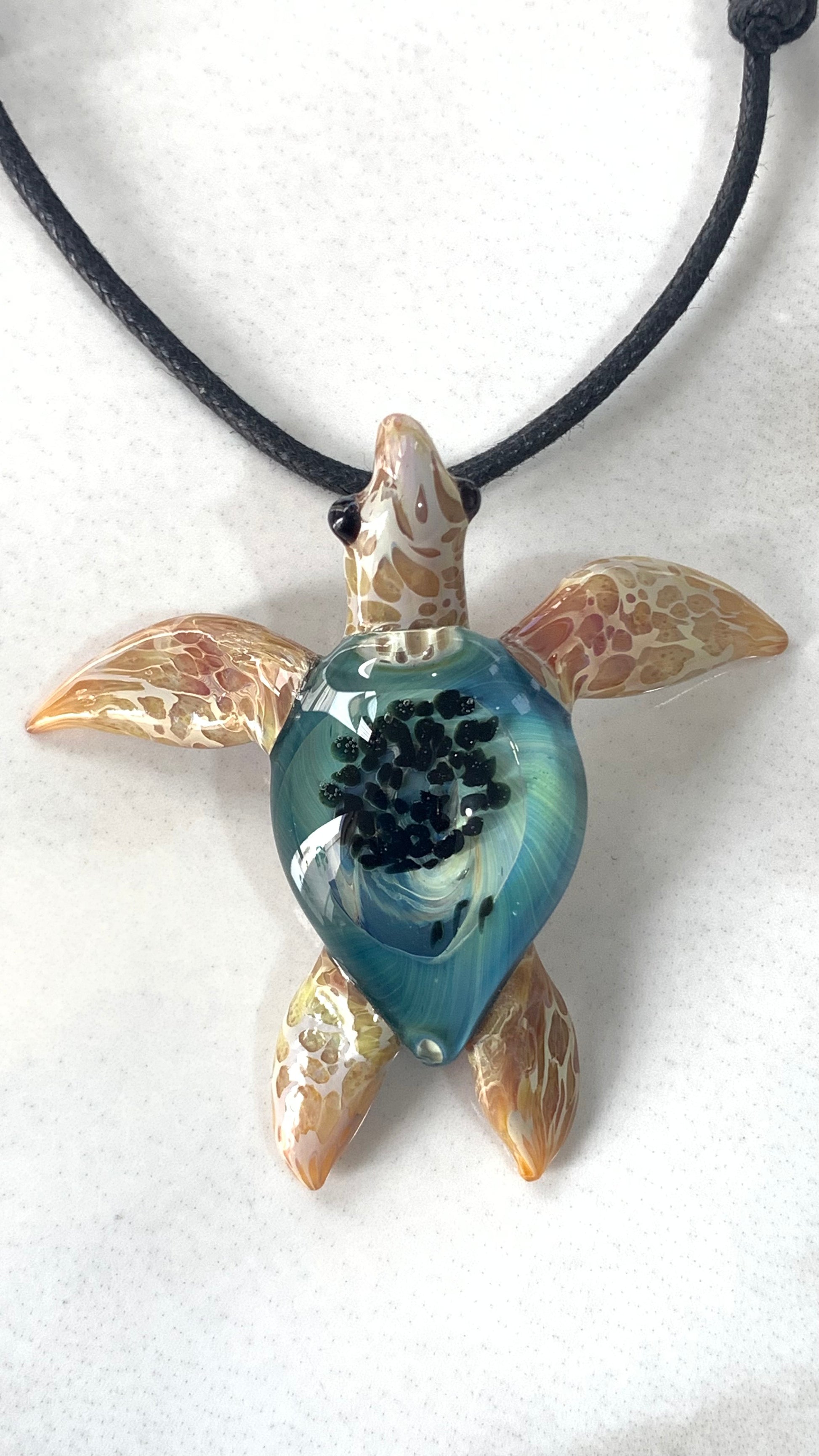 Sea Turtle Necklace Blue with Carmel flippers - GLASSnFIRE
