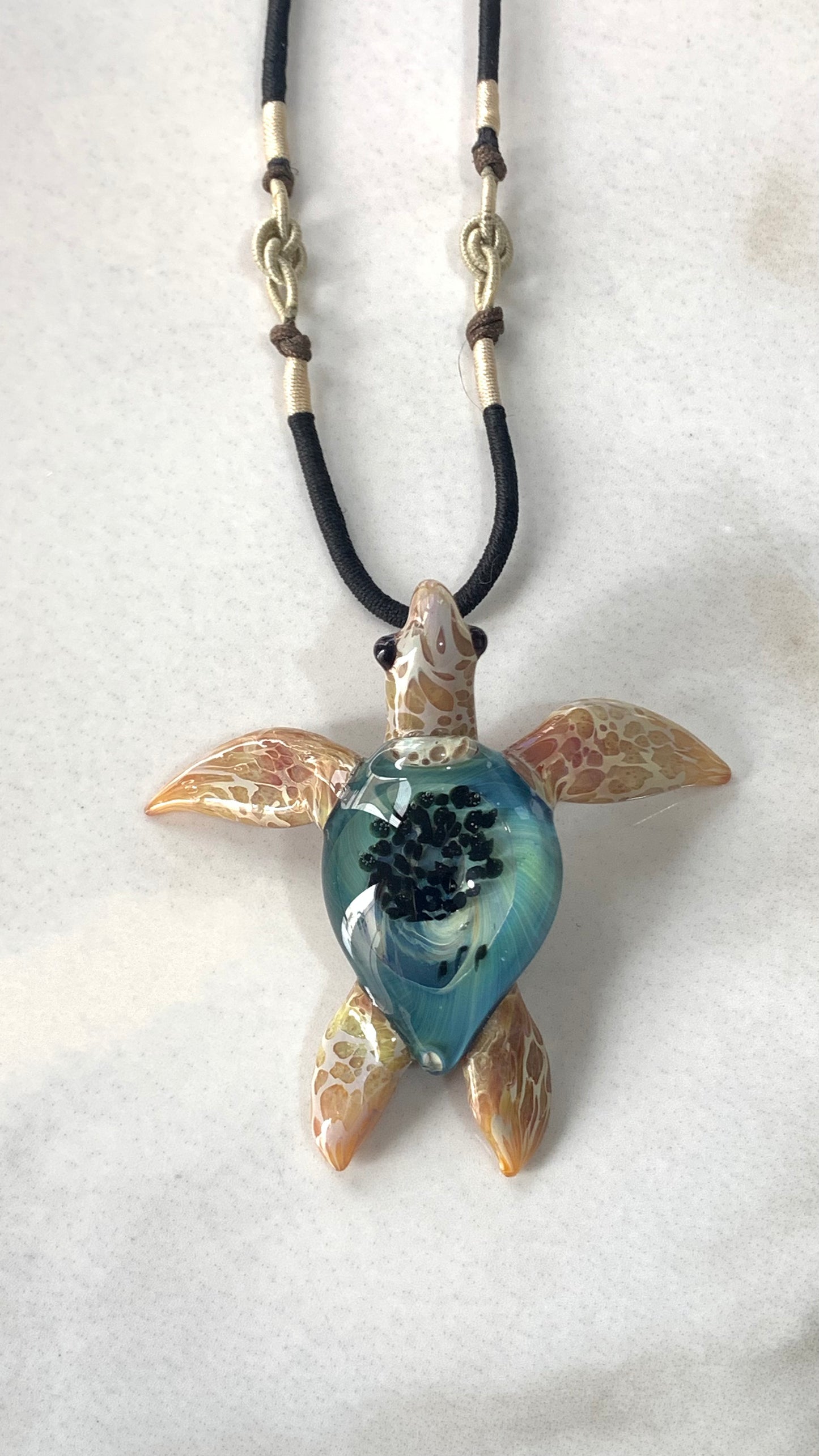 Sea Turtle Necklace Blue with Carmel flippers - GLASSnFIRE