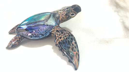 Elegant Handblown Glass Sea Turtle Sculpture with Stunning Dichroic Accents Desk Art Decor for the Office