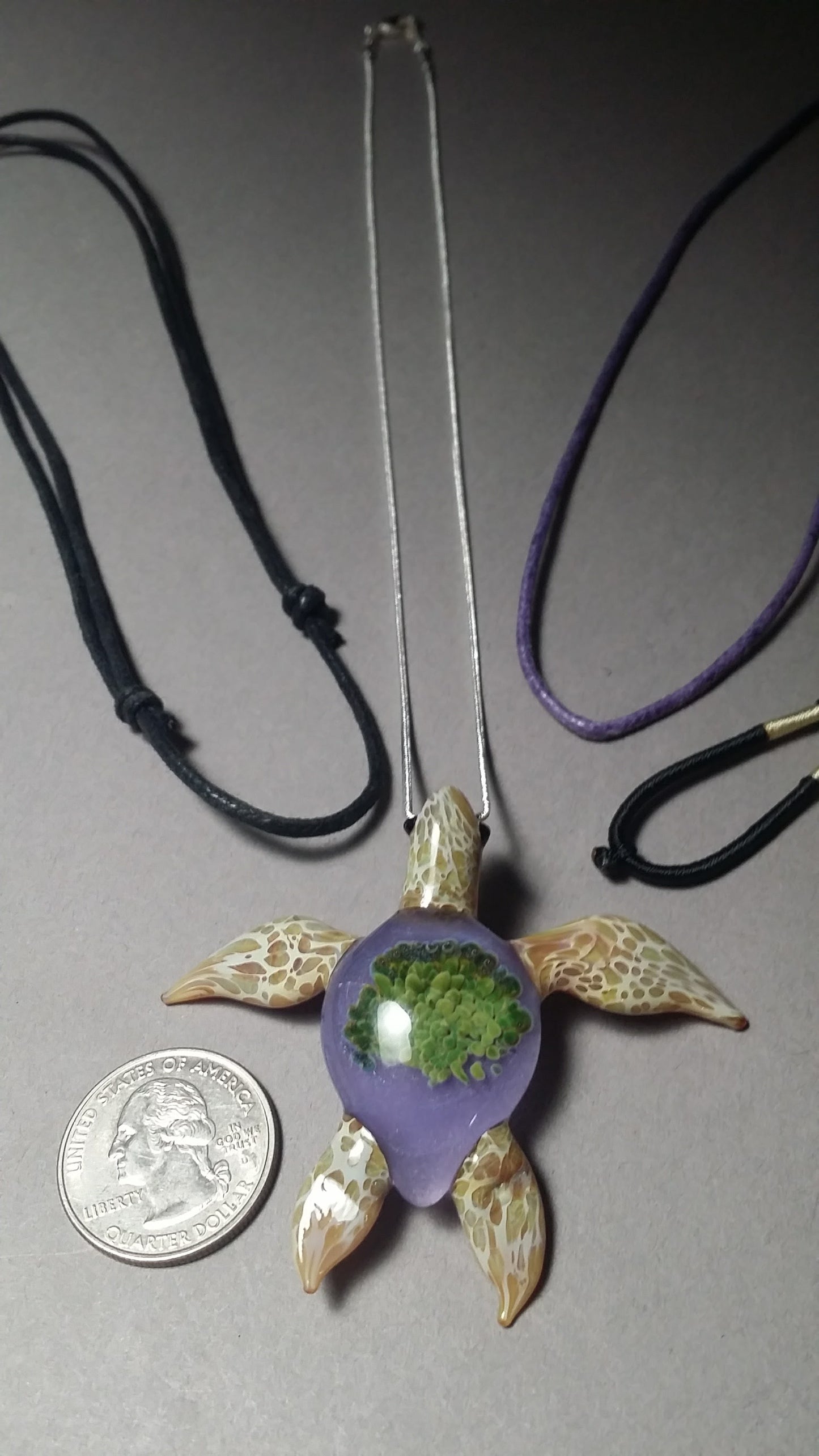 Special edition periwinkle background with green anemones in a beach blonde glass sea turtle pendant - GLASSnFIRE