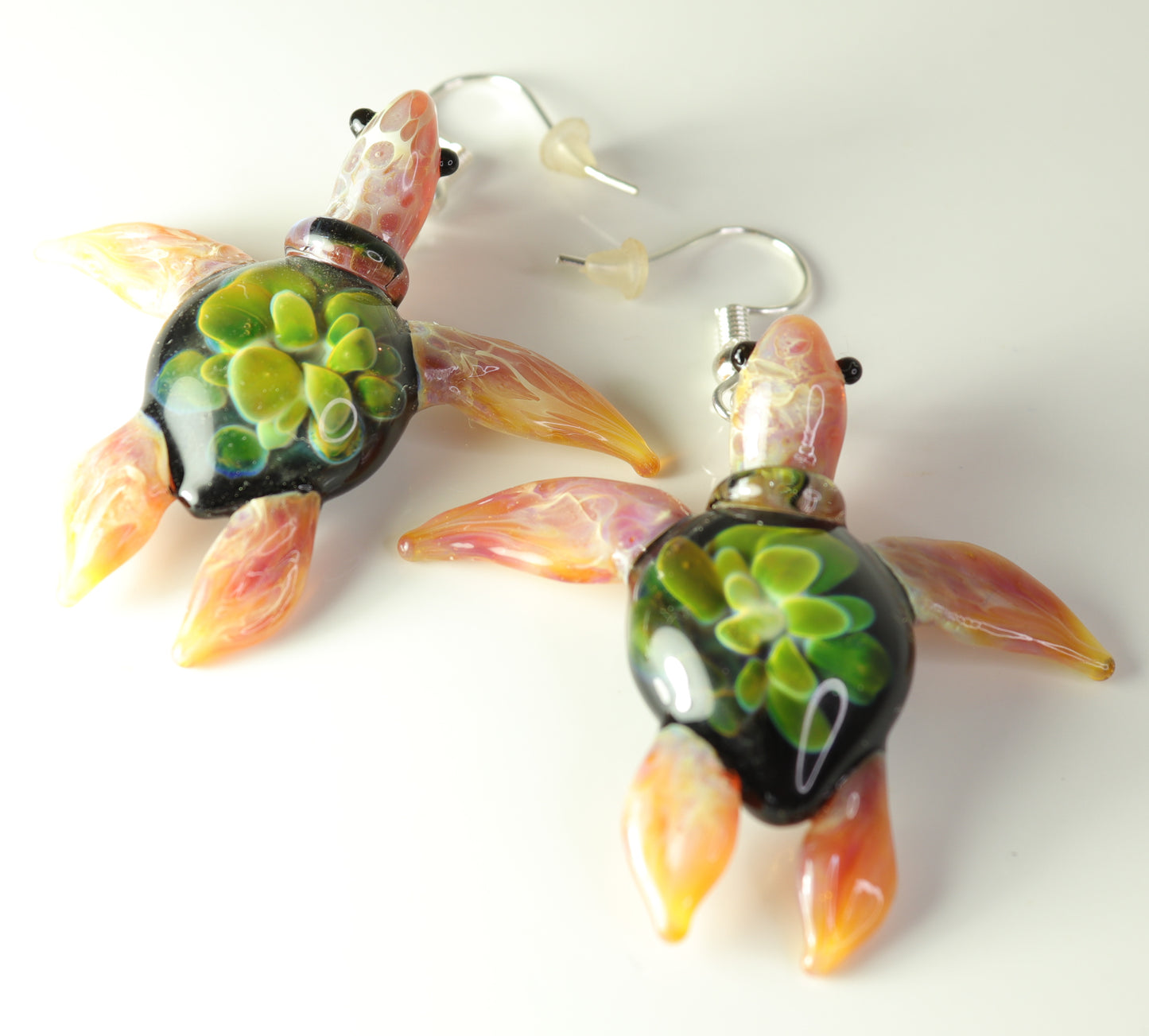 Exquisite Hawaiian Sea Turtle: Handcrafted Glass Earrings with Coral Reef Inside the Shell - GLASSnFIRE