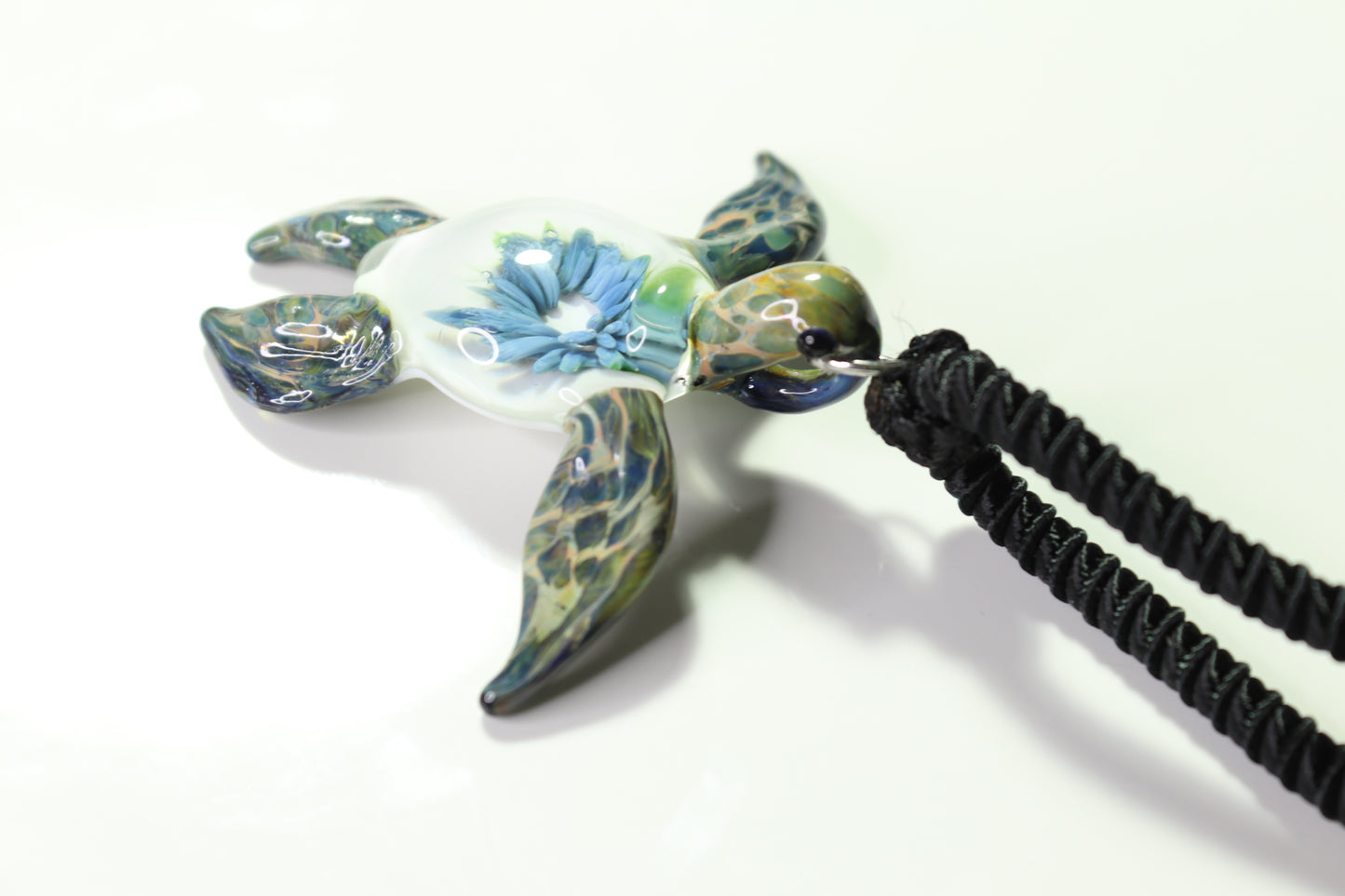 "Great Barrier Reef Honu Green Sea Turtle Pendant: Handcrafted Glass with Coral Reef Inside the Shell" - GLASSnFIRE