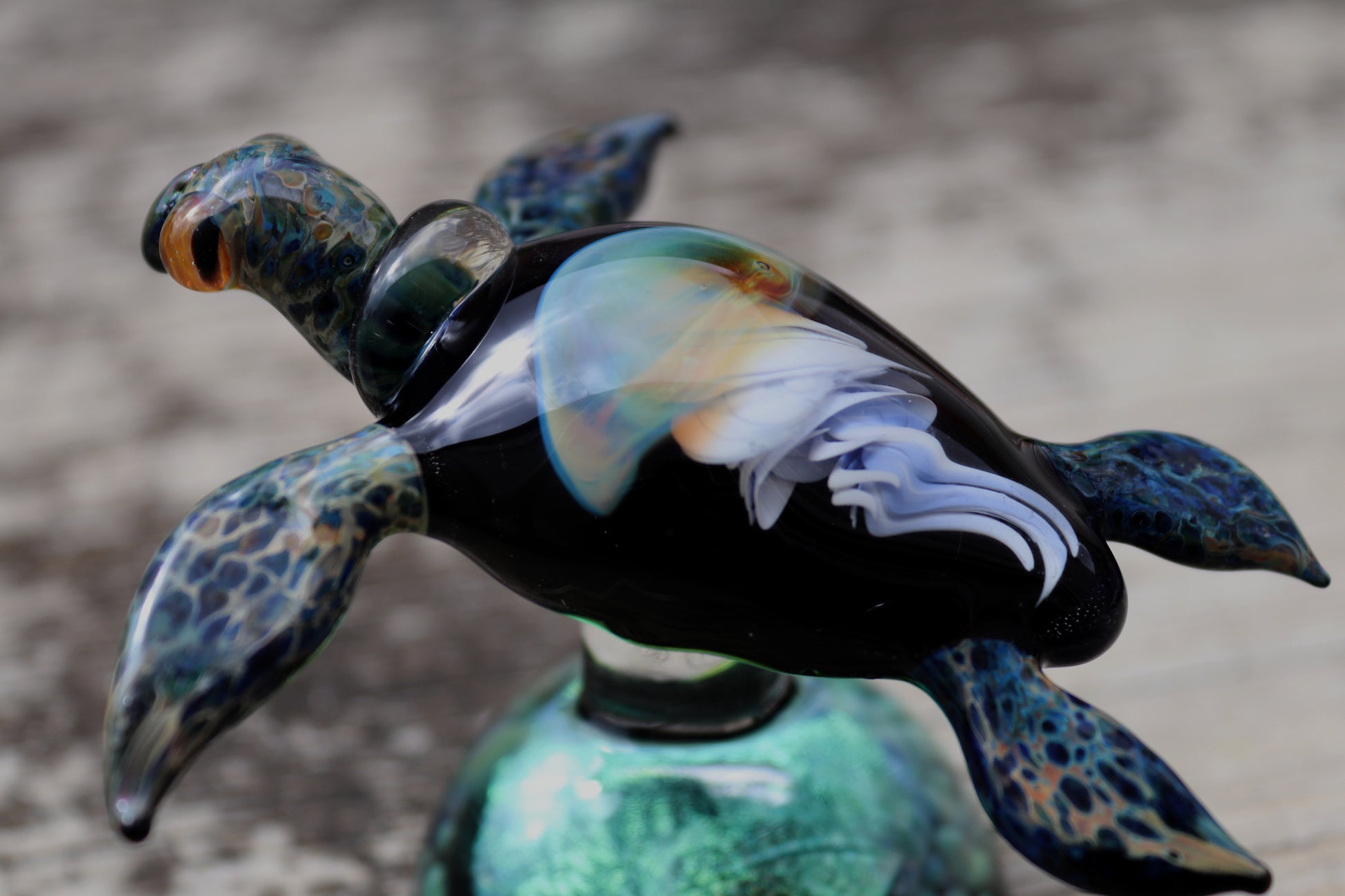 Unique Sea Turtle Sculpture with Opal Colored Jellyfish Inside. - GLASSnFIRE