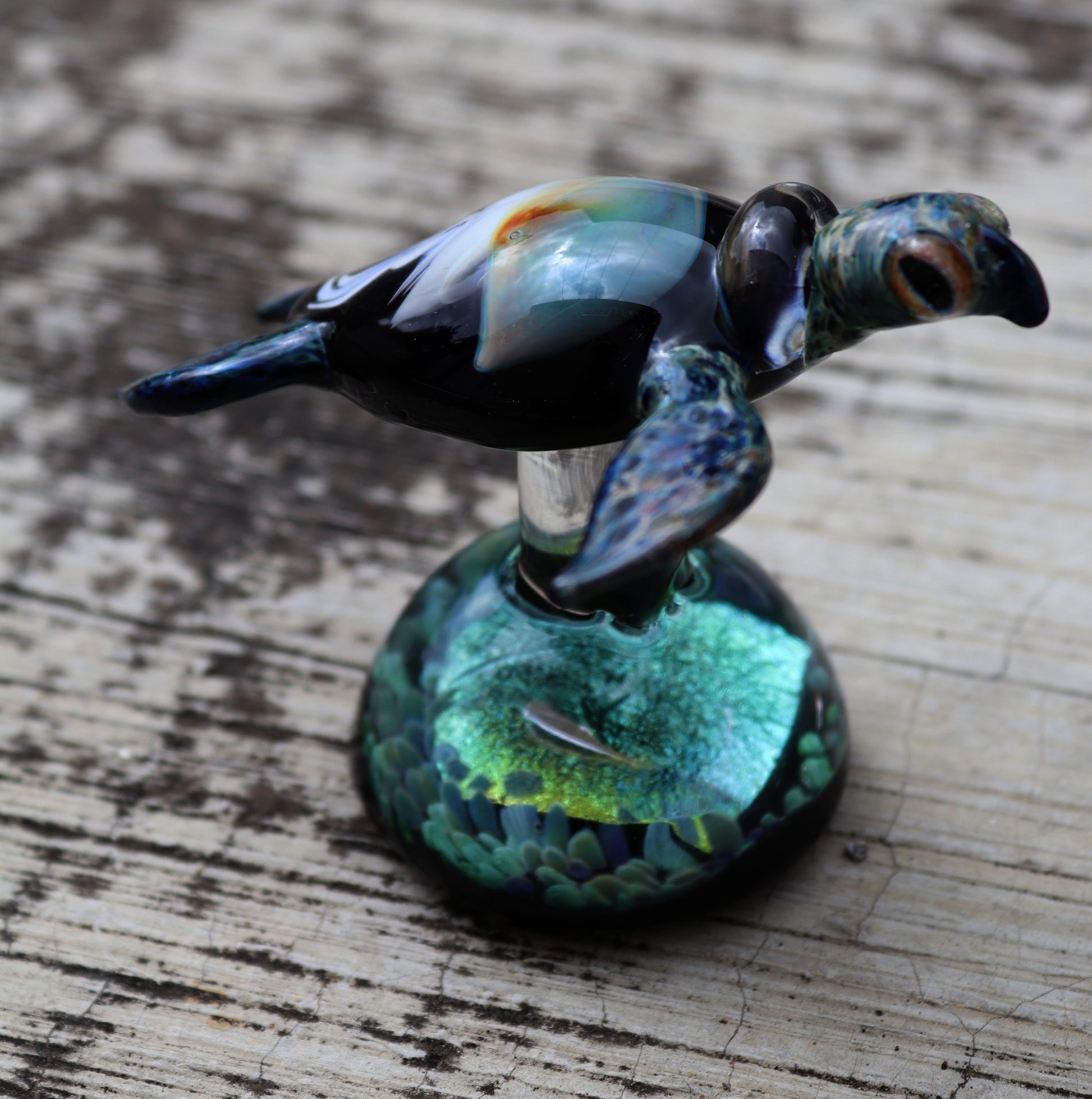 Unique Sea Turtle Sculpture with Opal Colored Jellyfish Inside. - GLASSnFIRE