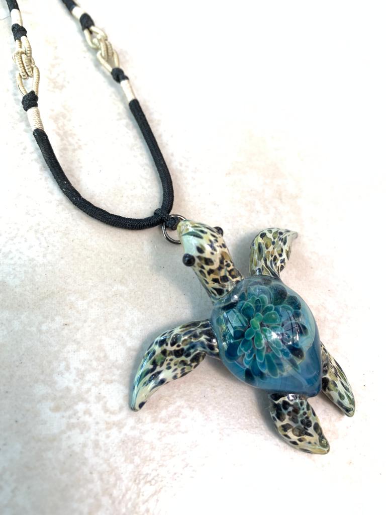 Gorgeous Blue Moon Colored Glass Sea Turtle Pendant Necklace. - GLASSnFIRE